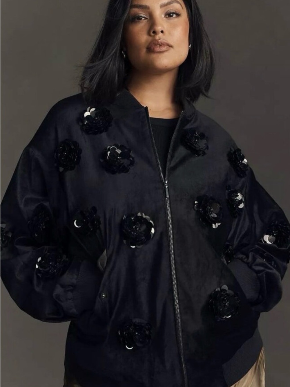 Anthropologie - Eva Franco Black Floral Sequin Bomber Jacket - Women